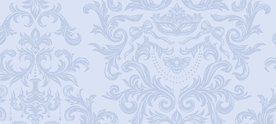 Elegant blue Bridgerton-inspired damask wallpaper with bee, mask, bow and chandelier motifs